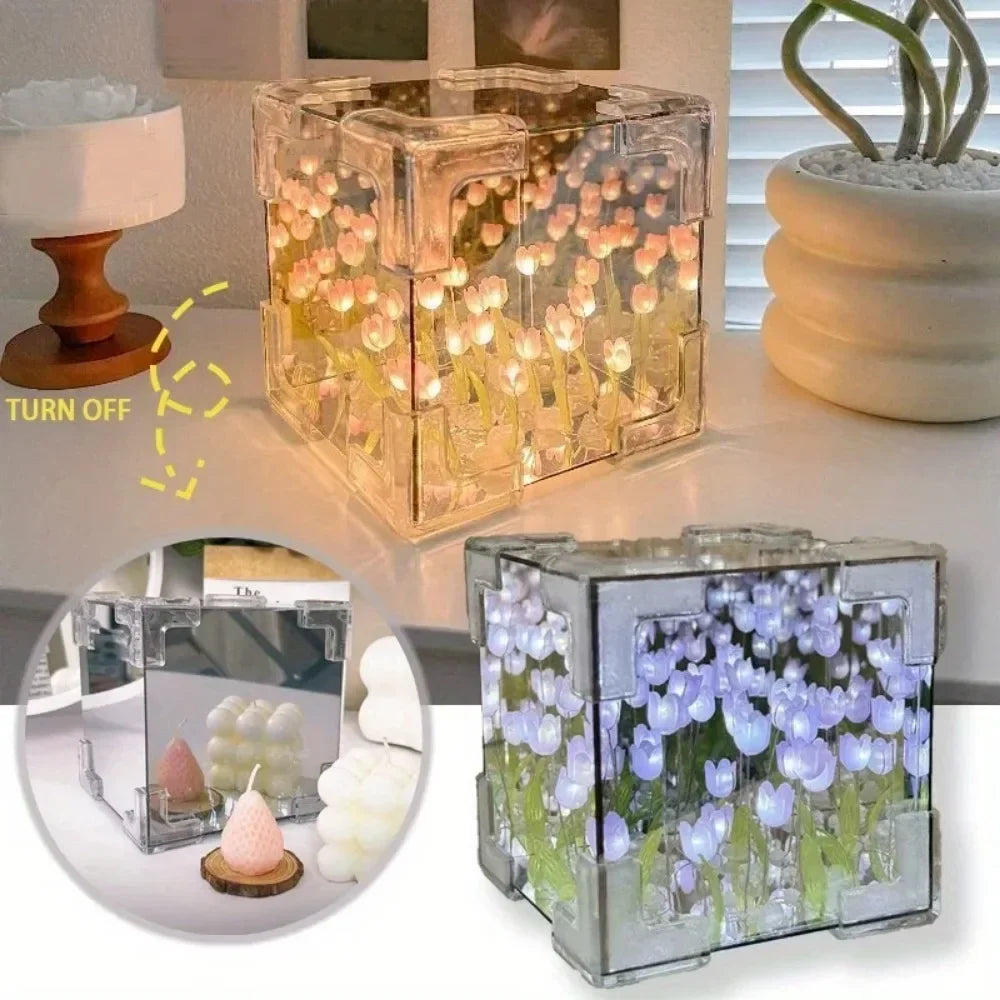 2025 DIY Tulip Sea Rubik's Cube Mirror Night Light - Handmade Materials for Car Décor, Birthday Gifts, and Friends or Colleagues