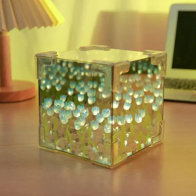 2025 DIY Tulip Sea Rubik's Cube Mirror Night Light - Handmade Materials for Car Décor, Birthday Gifts, and Friends or Colleagues