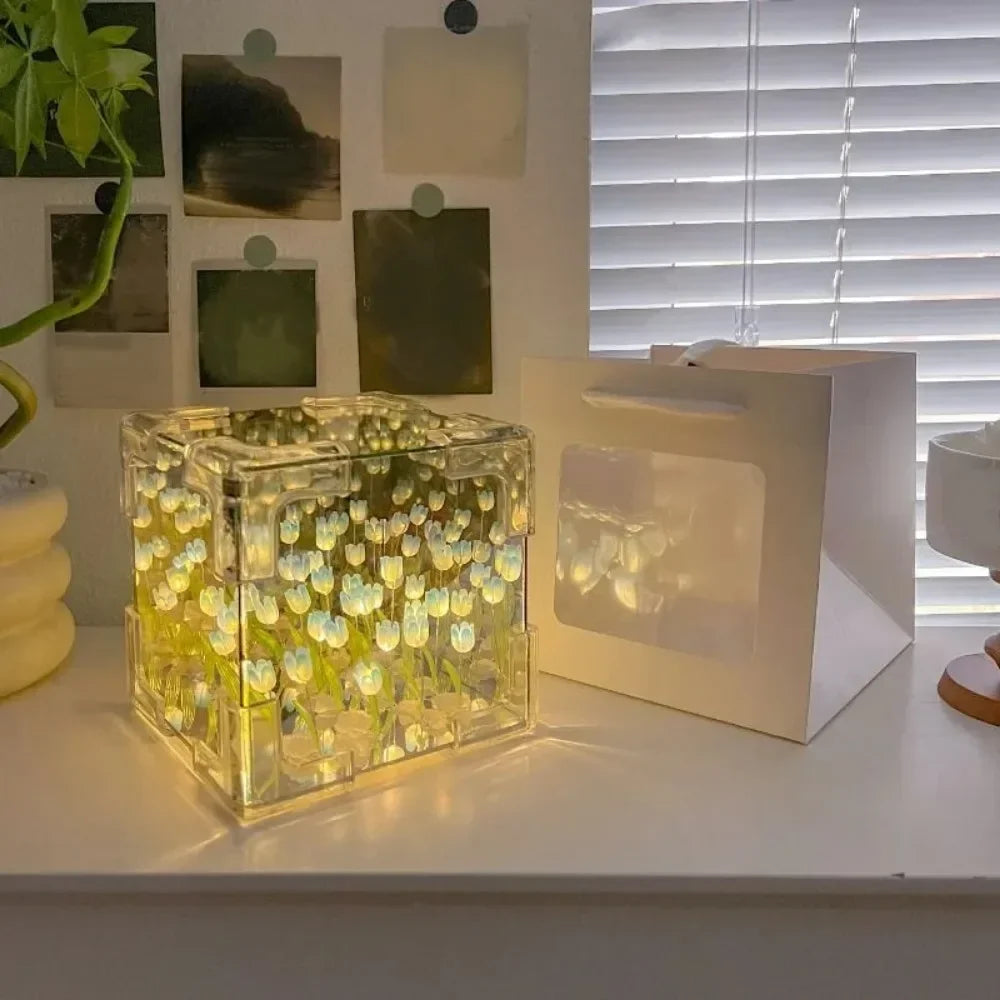 2025 DIY Tulip Sea Rubik's Cube Mirror Night Light - Handmade Materials for Car Décor, Birthday Gifts, and Friends or Colleagues