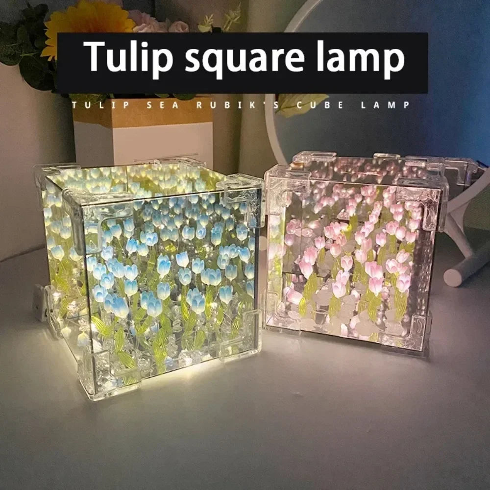 2025 DIY Tulip Sea Rubik's Cube Mirror Night Light - Handmade Materials for Car Décor, Birthday Gifts, and Friends or Colleagues