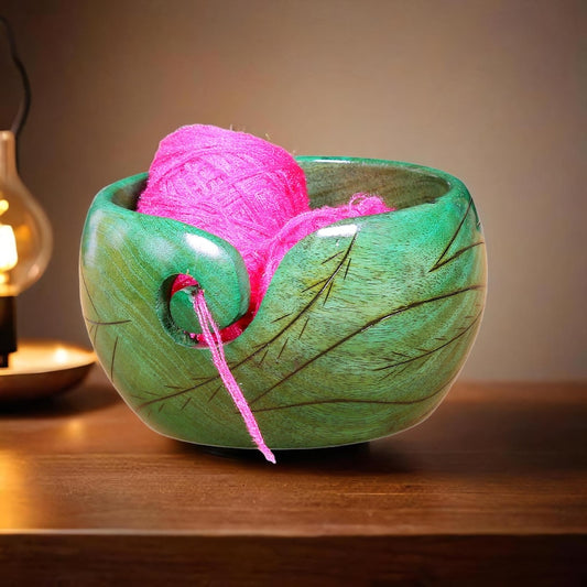 Wooden Yarn Bowl - Green Leaf Yarn Bowl for Knitting & Crocheting | Handmade Yarn Storage Bowl for Knitter, Large Yarn Bowl Wood