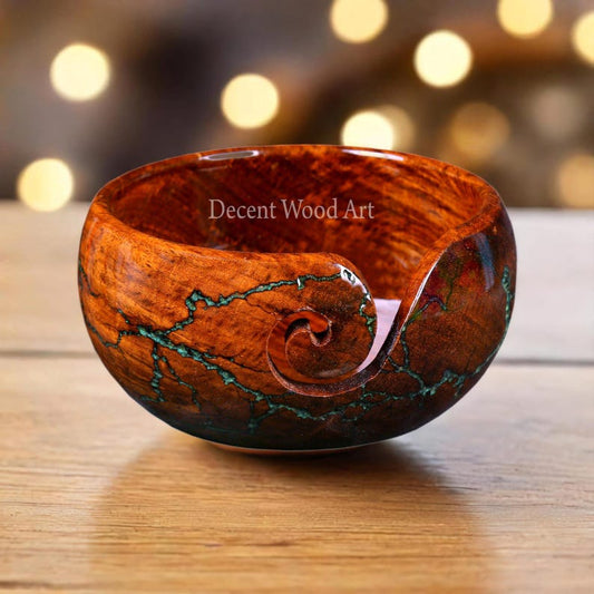 Rosewood Yarn Bowl | Crochet Yarn Holder | Lichtenberg Bowl for Yarn | Knitting Yarn Holder | Large Yarn Bowl with Green Resin Artwork